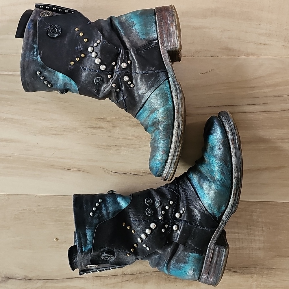 A.S.98 RARE Black and Teal Black Studded Biker Goth Boots Sz 37